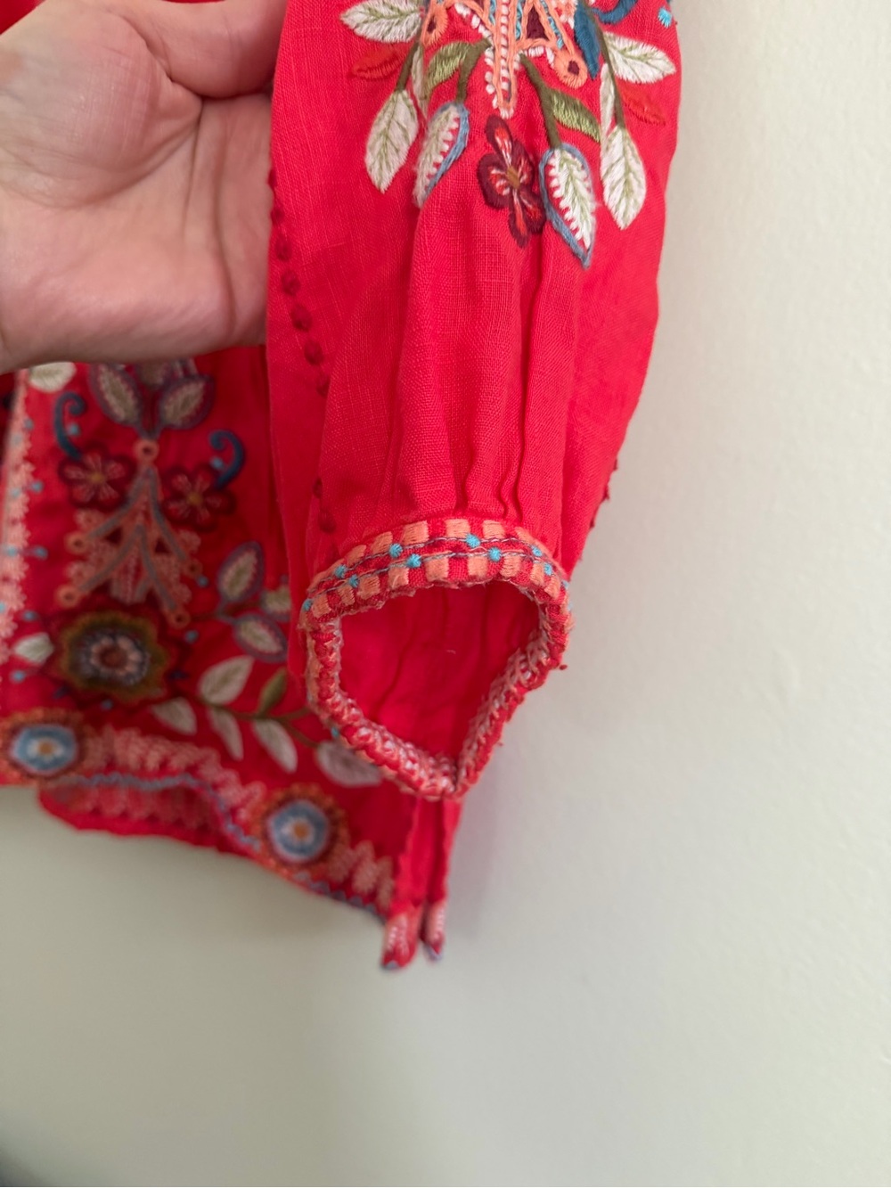 Johnny Was Maisie Peasant Tie Embroidered Blouse Linen Boho Coral Size Small - Picture 7 of 16